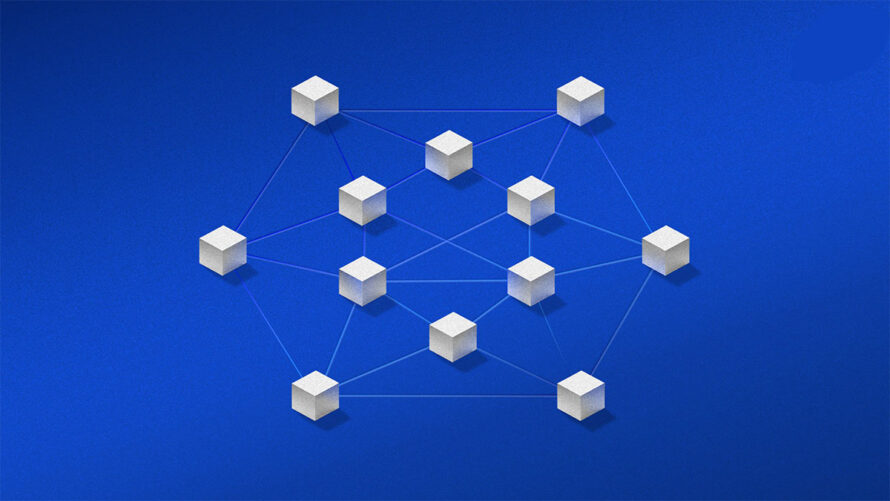 مکعب‌هایی که در یک شبکه به یکدیگر متصل‌اند و شمایی از نودهای بلاکچین‌اند.