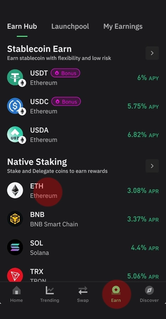 صفحه Earn در کیف پول تراست ولت