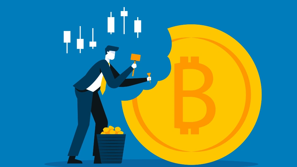یک نفر در حال تراشیدن یک سکه با لوگوی بیت کوین