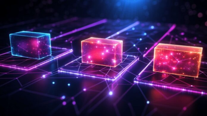 three_different_blockchains نمای مقایسه سه بلوک مکعبی بلاکچین