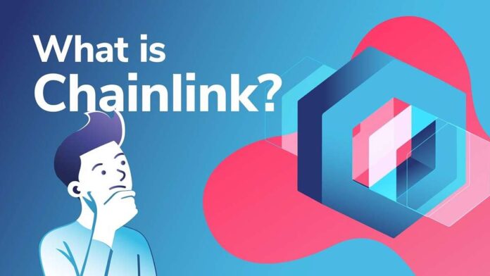 آلت: شخصی با چهره متفکر در حال نگاه کردن به لوگوی ارز چین لینک است و عبارت چین لینک چیست در بالای سر او قرار دارد.