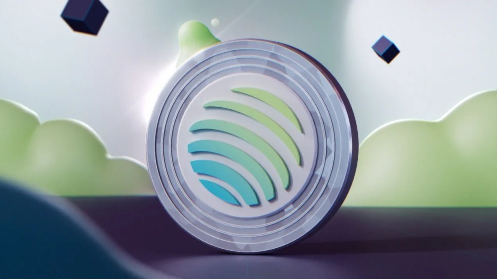 نماد ارز دیجیتال JUP روی طراحی سکه با پس زمینه ابر سبز