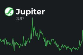 لوگو سفید ارز Jupiter روی پس زمینه سیاه با نمای چارت قیمتی سبز