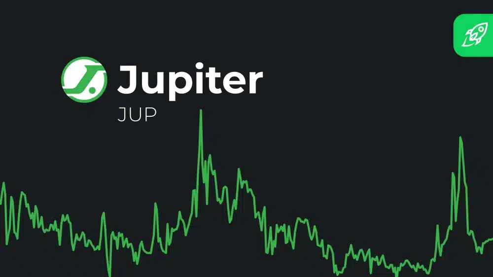 لوگوی ارز ژوپیتر روی پس زمینه مشکی با چارت قیمت سبز