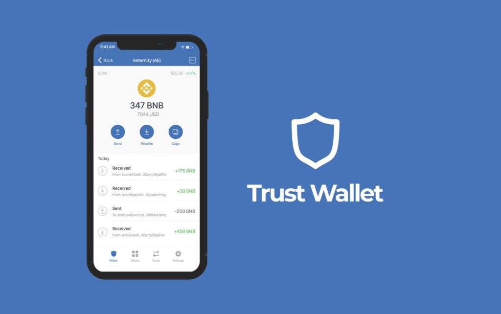 تصویر گرافیکی از گوشی همراه را نشان می‌هد و کنار آن عبارت Trust wallet نوشته شده است.