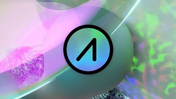 aioz-network نماد ارز AIOZ با طراحی رنگی روی پسزمینه با طراحی آبستره