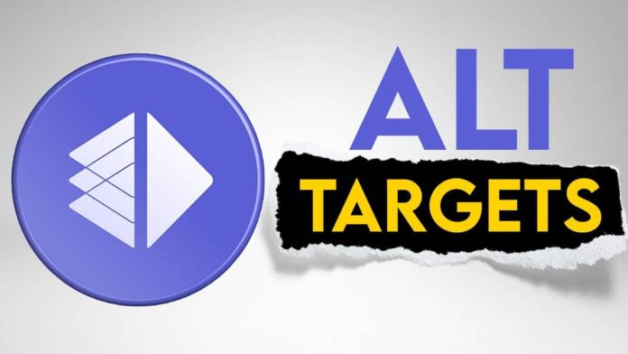 altlayer-price-prediction طراحی تحلیل ارز ALT با نوشته ALT Targets در پس زمینه سفید با لوگو ارز آلتلیر