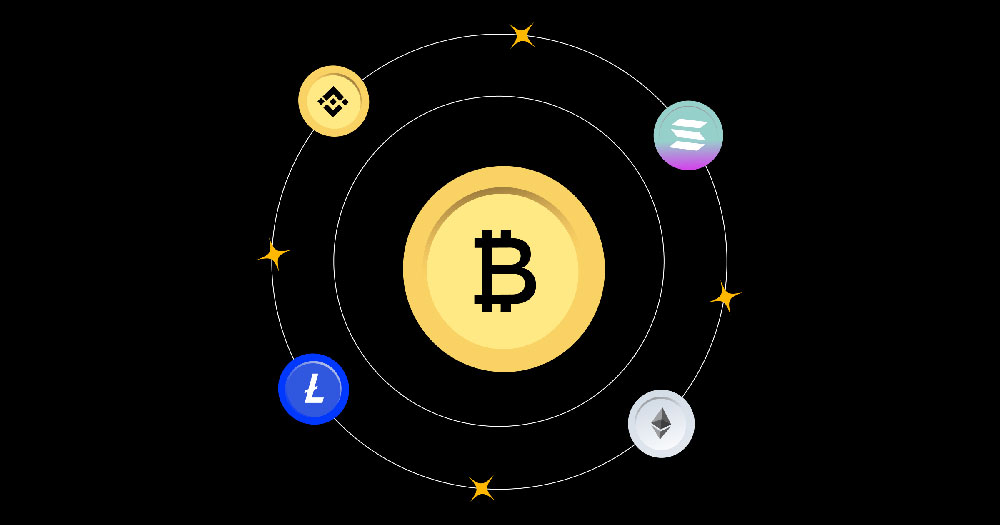 نماد دامیننس بیت‌کوین که در مرکز یک دایره قرار دارد و سایر ارزهای دیجیتال در اطراف آن هستند.