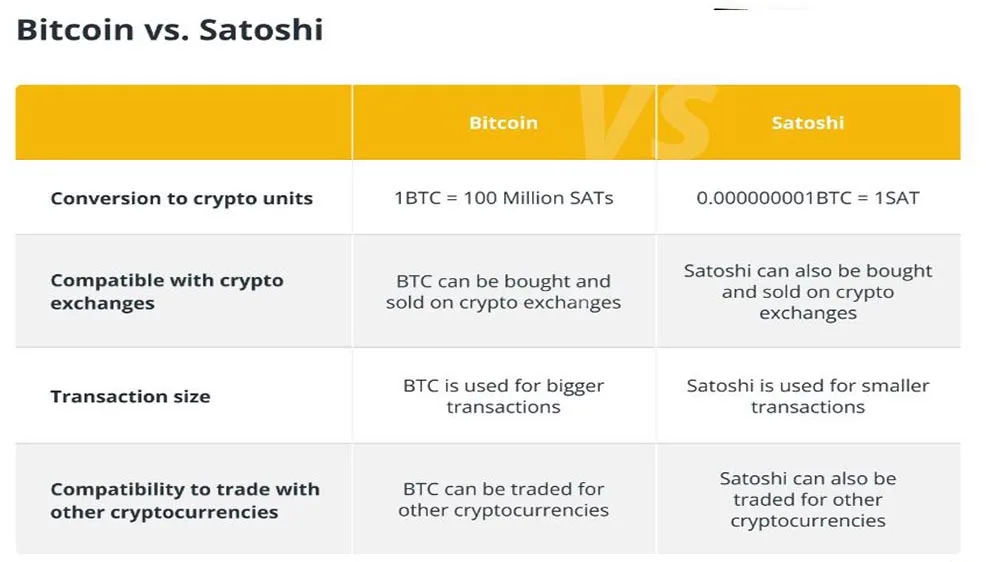 جدولی که تفاوت‌های بین  بیت کوین و ساتوشی را نشان می‌دهد.