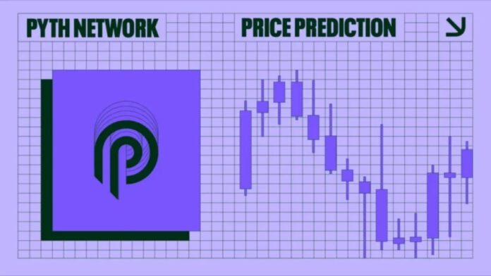 pyth-network-price-prediction تحلیل ارز پایث نتورک با تصویر کوین PYTH روی پس زمینه بنفش و نمودار قیمتی