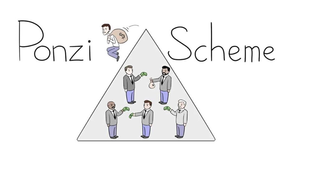 تصویری از یک مثلث که اشخاص سرمایه‌گذار به شکل هرمی چیده شده‌اند و شخصی در حال دزدیدن پول آنها است.