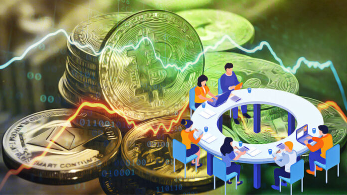 نمای ارز دیجیتال پشت نماد چارت قیمتی و افرادی که دور میز نشسته اند برای تحلیل ارز پومریوم