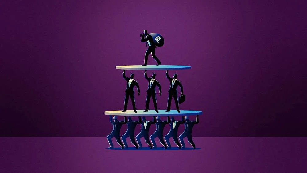 تصویری از چندین انسان که در چند طبقه زیرین قرار گرفتهاند و یک نفر را بر دوش میکشند که مفهوم کلاهبرداری پانزی را نشان میدهد.