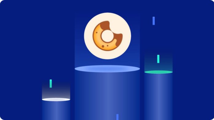 bakeryswap-logo لوگو ارز دیجیتال BAKE روی سکو با پس زمینه آبی