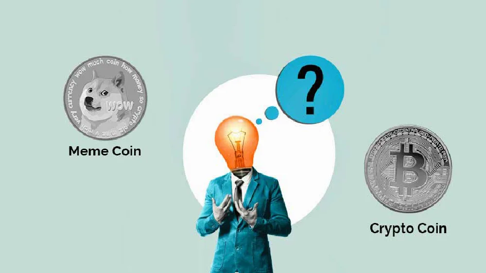 تصویر یک مرد کت شلواری با سر چراغی به همراه علامت سوال در کنار دو ارز دیجیتال