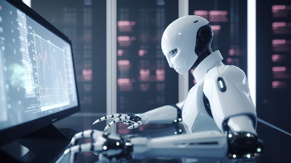 یک ربات سفید رنگ مشغول کار با کامپیوتر