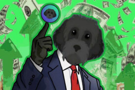 نماد ارز مایرو به صورت سگ با کت و شلوار روی پس زمینه سبز