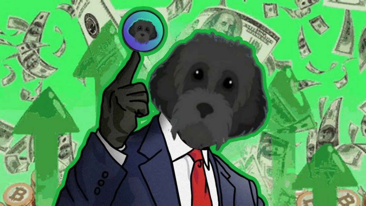 نماد ارز مایرو به صورت سگ با کت و شلوار روی پس زمینه سبز