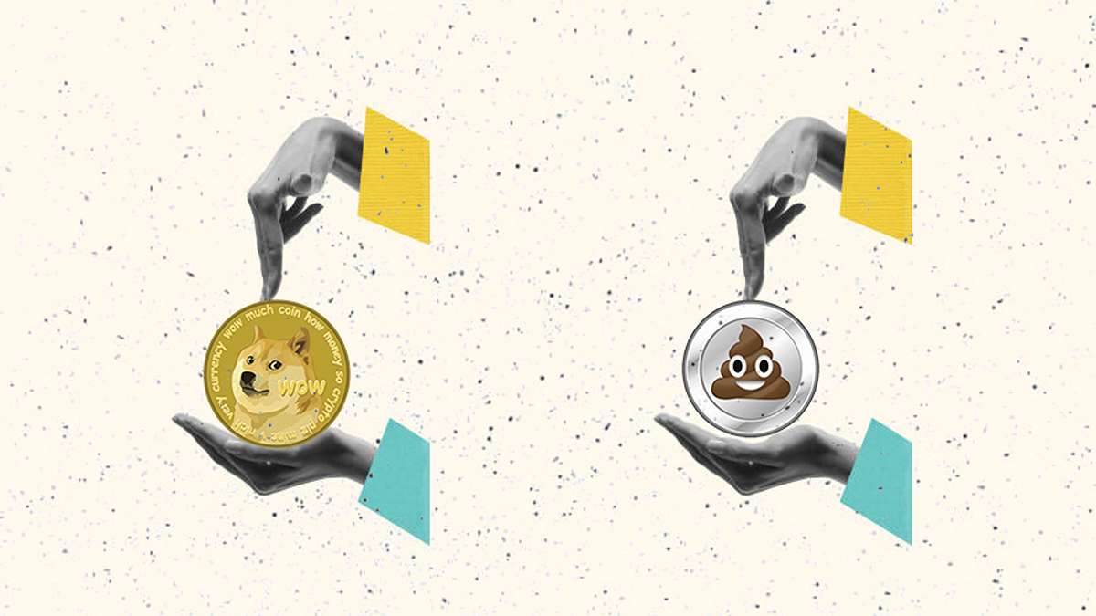 تصویری از یک سکه با طرح شت کوین و یک سکه دیگر با طرح میم کوین که در آن به فرق میم کوین و شت کوین اشاره دارد.