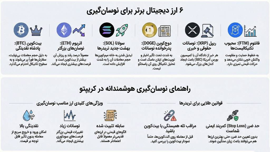 اینفوگرافی راهنمای نوسان گیری در بازار رمز ارزها