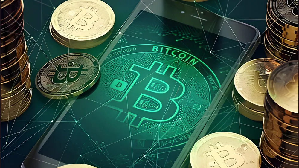 لوگو بیت کوین در صفحه موبایل با چند کوین در اطراف آن