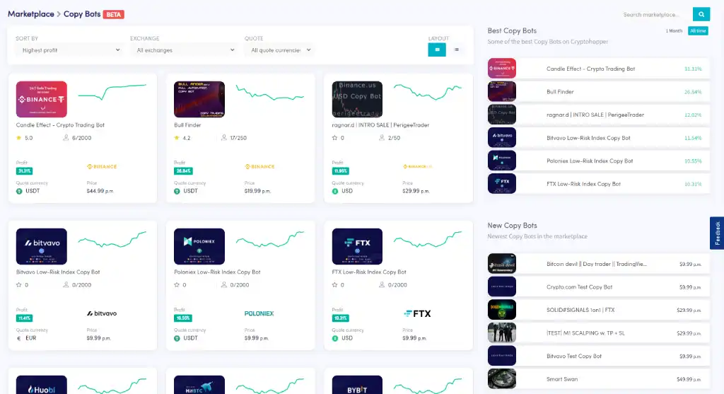 اسکرین شات ربات‌های کپی ترید در پلتفرم کریپتوهاپر