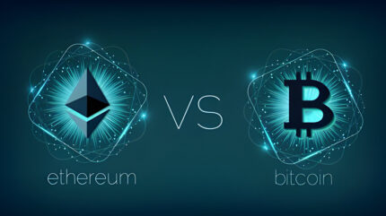 لوگو اتریوم و بیت کوین که با حرف vs نمادی از تفاوت بیت کوین و اتریوم است