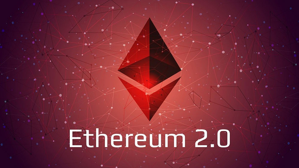 طراحی قرمز نماد اتریوم و نوشته Ethereum 2.0