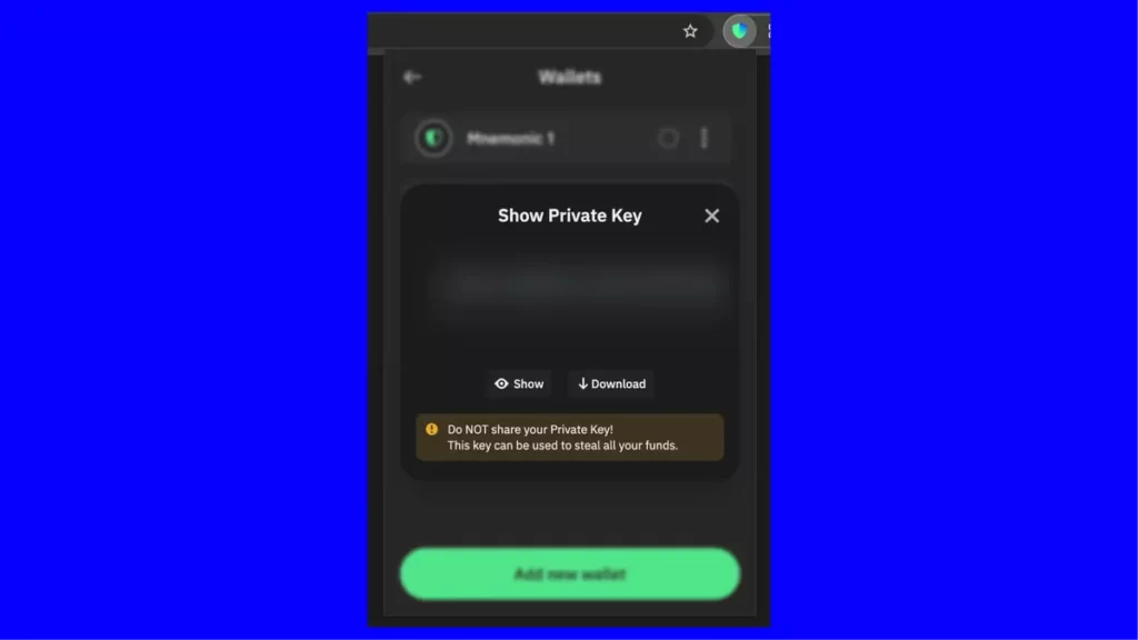 هشدار امنیتی تراست ولت هنگام نمایش کلید خصوصی