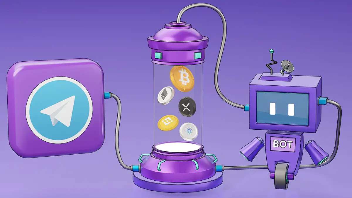 تصویری که در آن یک ربات، چند سکه ارز دیجیتال و نماد تلگرام قرار دارد و به ایردراپ تلگرام اشاره دارد.