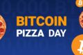تصویری شامل نوشته‌ روز پیتزا بیت کوین به همراه چند پیتزا در سمت راست و چپ