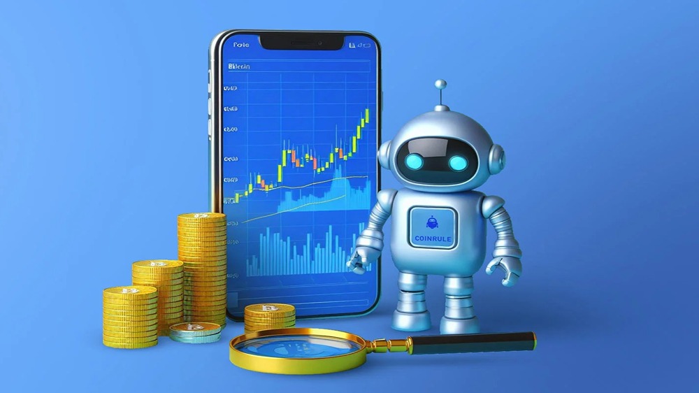 تصویری از یک ربات کنار یک گوشی موبایل با صفحه تریدینگ ویو و کلی سکه.