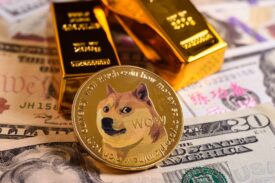 دوج‌کوین به همراه شمش‌های طلا و اسکناس‌های دلار