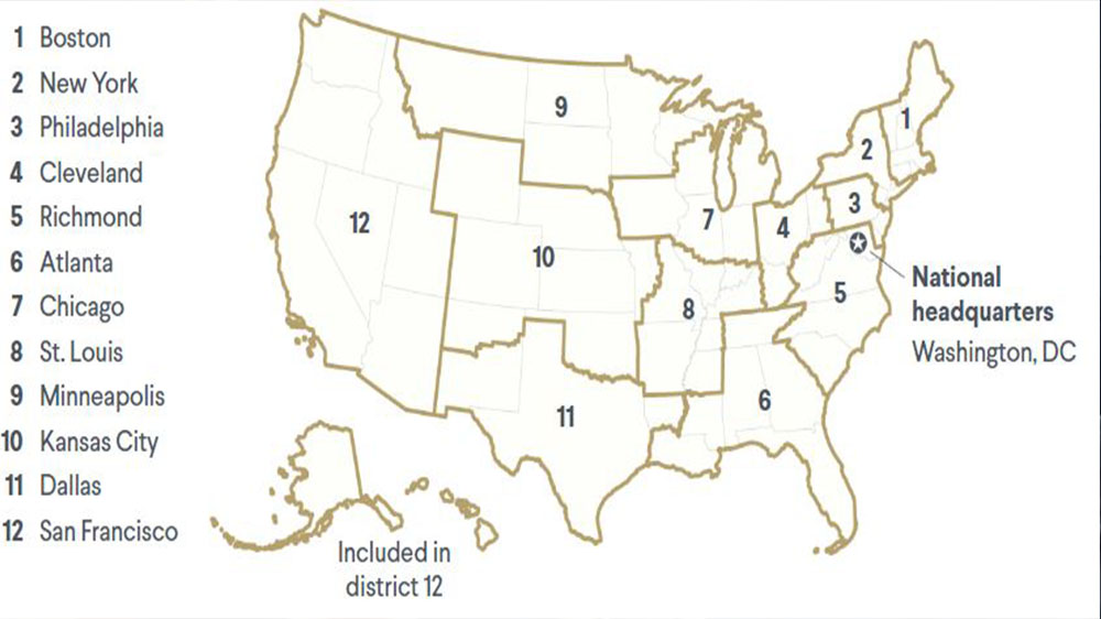 نقشه ۱۲ ناحیه فدرال رزرو ایالات متحده
