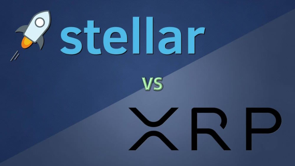 نوشته Stellar vs XRP روی پس زمینه آبی که به مقایسه ریپل و استلار اشاره دارد.