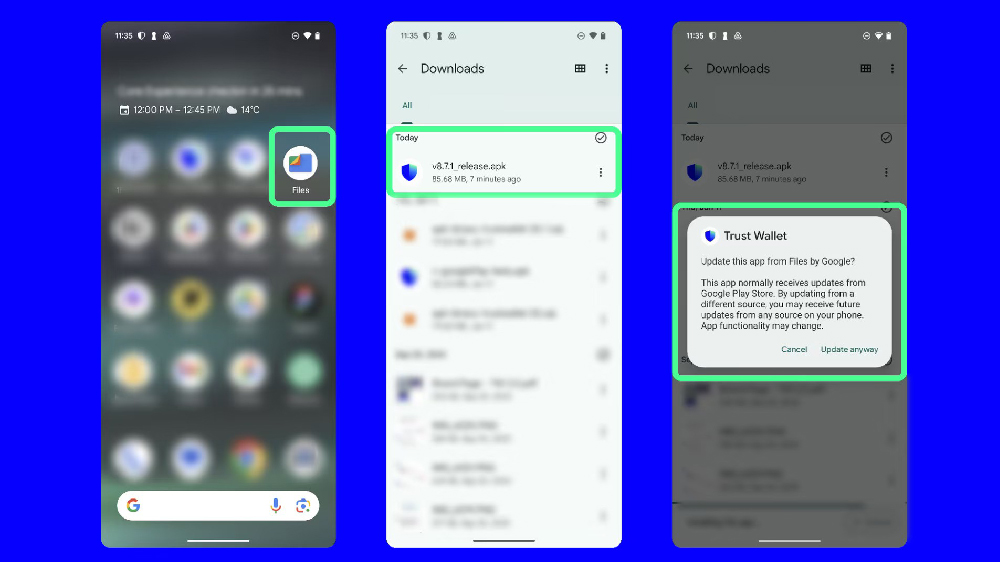 سه تصویر از صفحه موبایل با پس زمینه آبی رنگ در رابطه با بروزرسانی تراست ولت