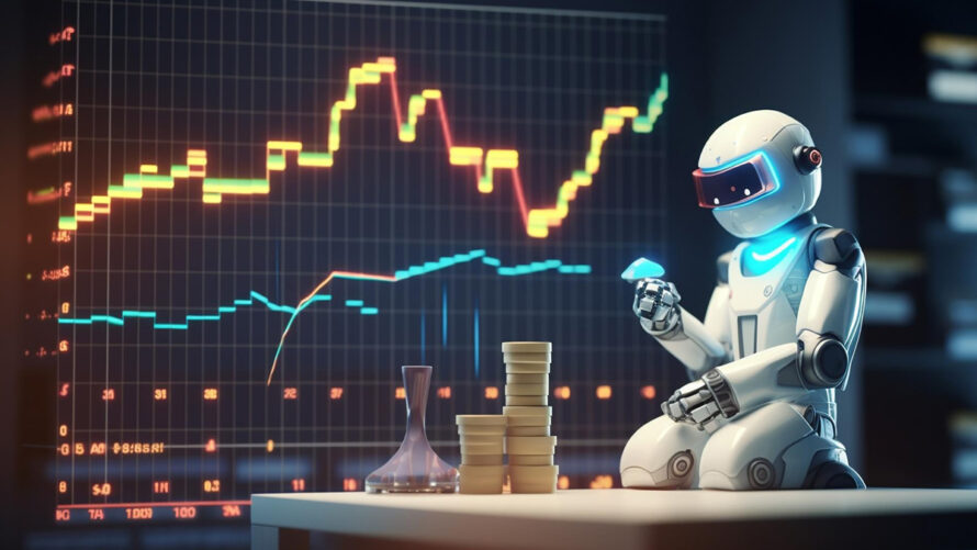 یک ربات با مانیتوری بزرگ از بازارهای مالی در حال بررسی شرایط