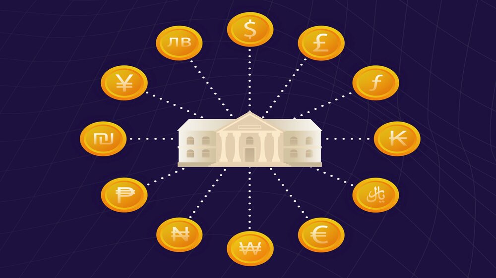 تصویری با پس‌زمینه سرمه‌ای که نماد یک بانک در وسط قرار دارد و سکه‌های زرد‌رنگ مختلف به آن متصل شده‌اند.