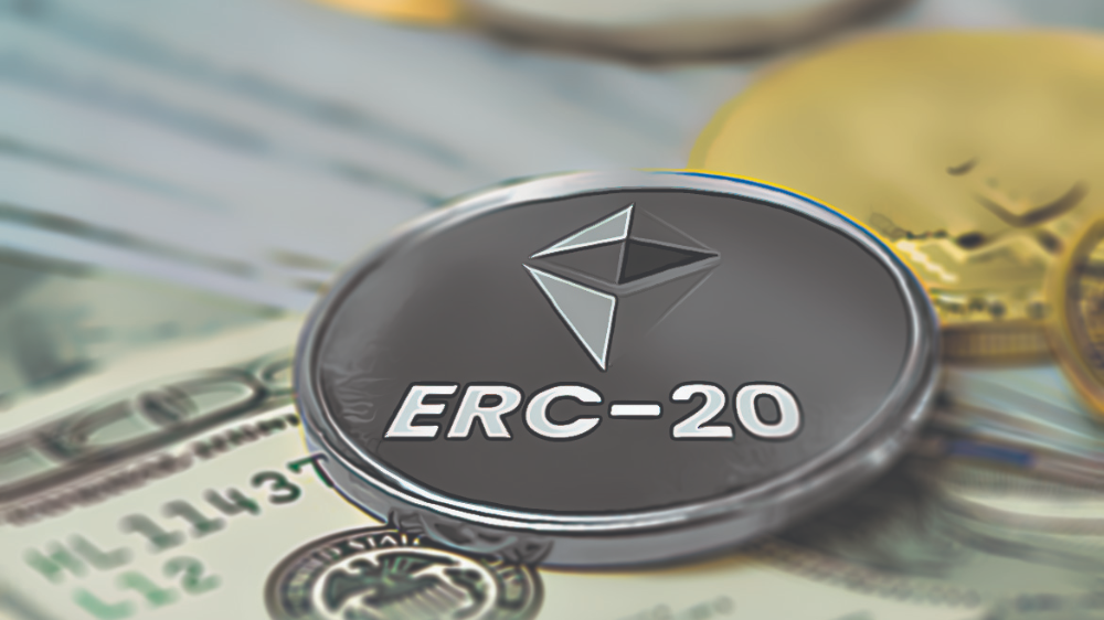 سکه نقره‌ای با نماد ERC20 و پس زمینه دلار