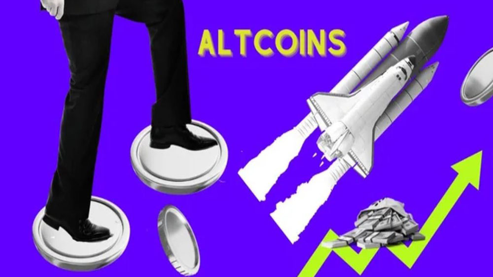 تصویر یک موشک فضا پیما و چند سکه آلت کوین به همراه مردی که پاهایش را روی سکه ها گذاشته و در حال صعود است.