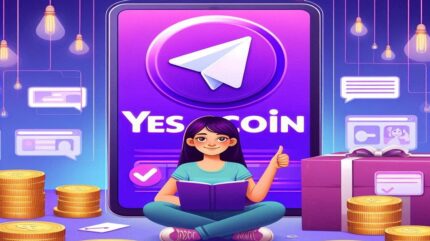 تصویری از یک دختر که در مقابل لوگوی تلگرام و یس کوین نشسته است.