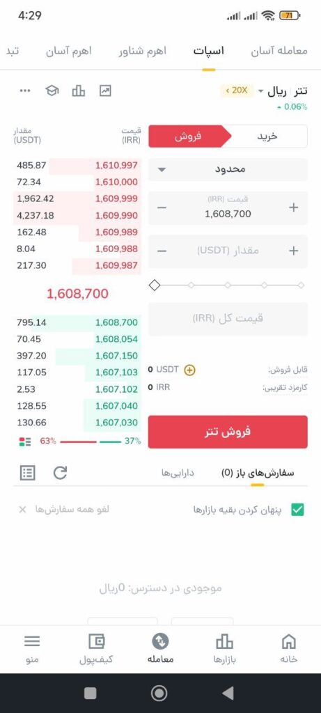 پنل ثبت سفارش فروش محدود تتر در بازار اسپات صرافی رمزینکس