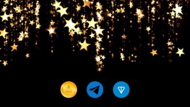 ستاره‌های از بالای تصویر در حال ریختن هستند و لوگوی تلگرام، نات کوین و تون کوین در پایین صفحه است.