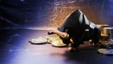 سکه‌های بیت‌کوین و یک گاومیش مشکی که نشان از بازار صعودی دارد.