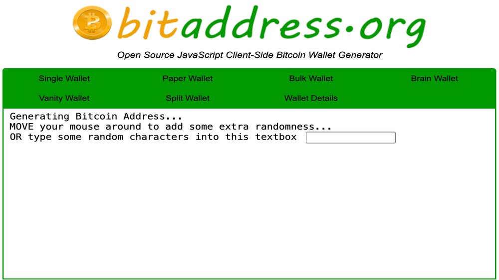 تصویر سایت BitAddress.org که در وسط آن نوشته‌های انگلیسی و یک کادر وجود دارد.