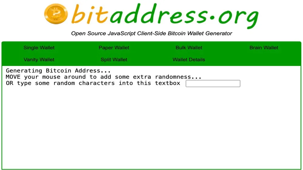 تصویر سایت BitAddress.org که در وسط آن نوشتههای انگلیسی و یک کادر وجود دارد.