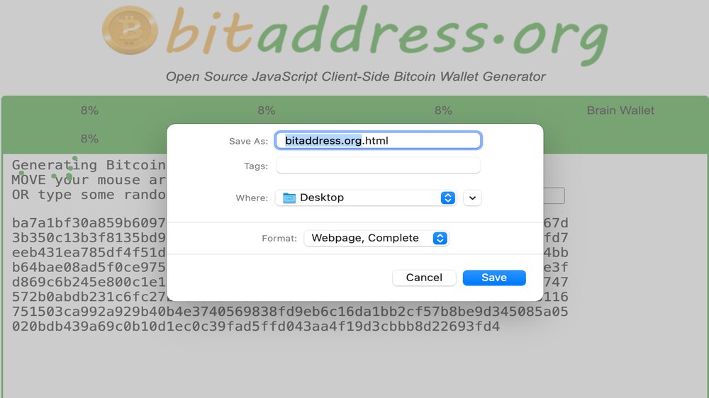 تصویر سایت BitAddress.org که در آن یک کادر برای ذخیره فایل HTML باز شده است. 