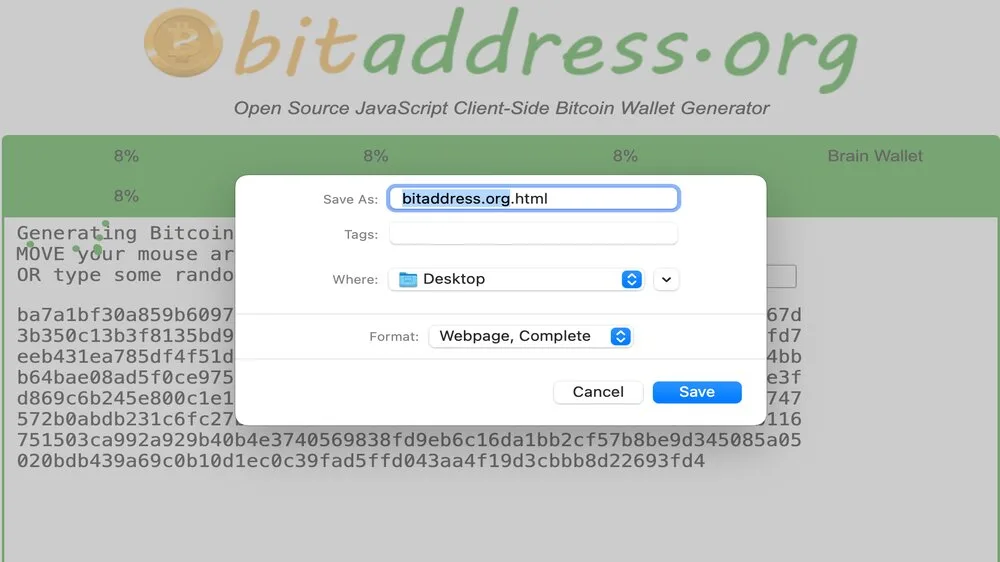 تصویر سایت BitAddress.org که در آن یک کادر برای ذخیره فایل HTML باز شده است.
