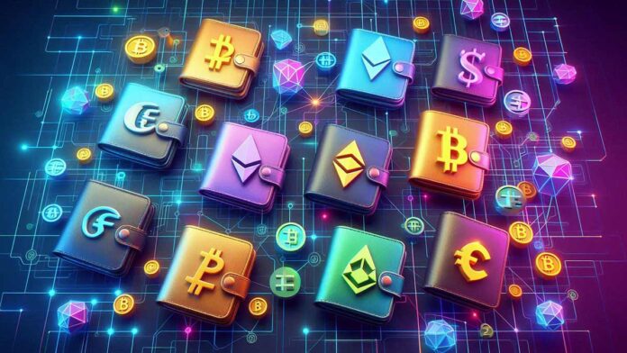 SLP wallets (7) ۷ کیف پول در رنگهای مختلف با پس زمینه آبی