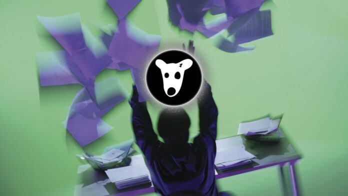 dogs-logo-frustrated-man-bg لوگوی توکن داگز وسط تصویر و مردی که از درماندگی کاغذها را به هوا پرتاب کرده در پسزمینه.